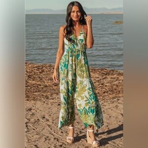 Angie Mint Floral Open Back Flare Leg Jumpsuit Vacation Tropical Bohemian Sz M